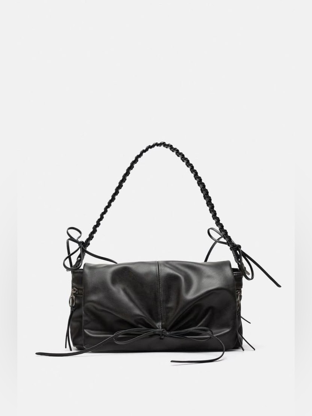 Zara Black Braided Shoulder Bag Crossbody Vegan Leather Bow Accent Lightweight
